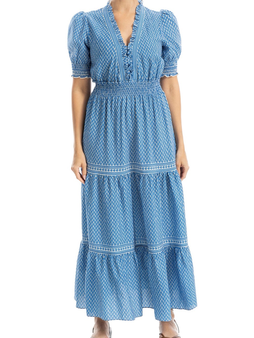 Max Studio Blue Printed V-Neck Smocked Waist Maxi Dress